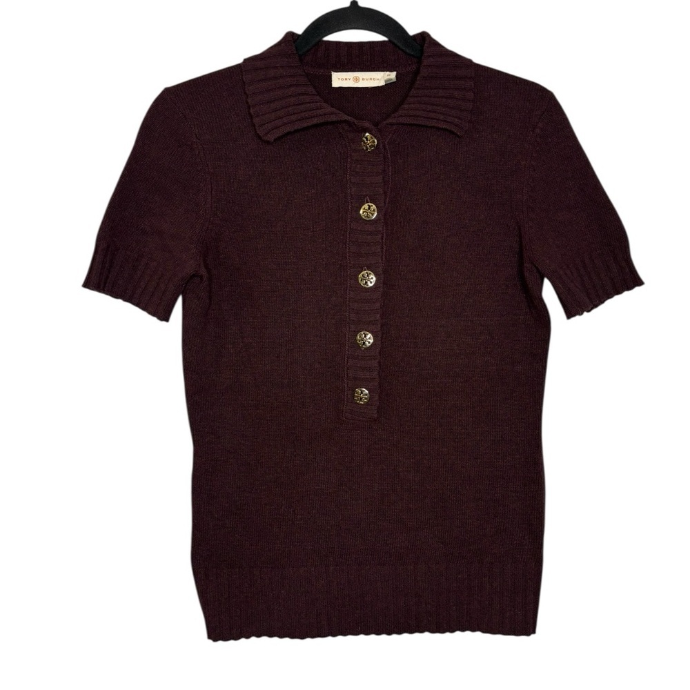 Tory Burch Burgundy Ribbed Polo Sweater Size XS Preppy Wool Cashmere Blend